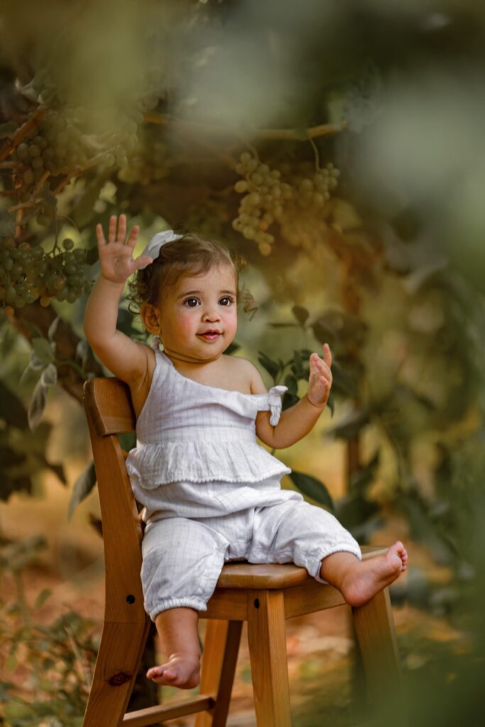 גיל שנה - פעוטה יושבת בכיסא עץ בטבע